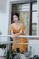 French V-neck  puff sleeve mustard off-shoulder long Dress