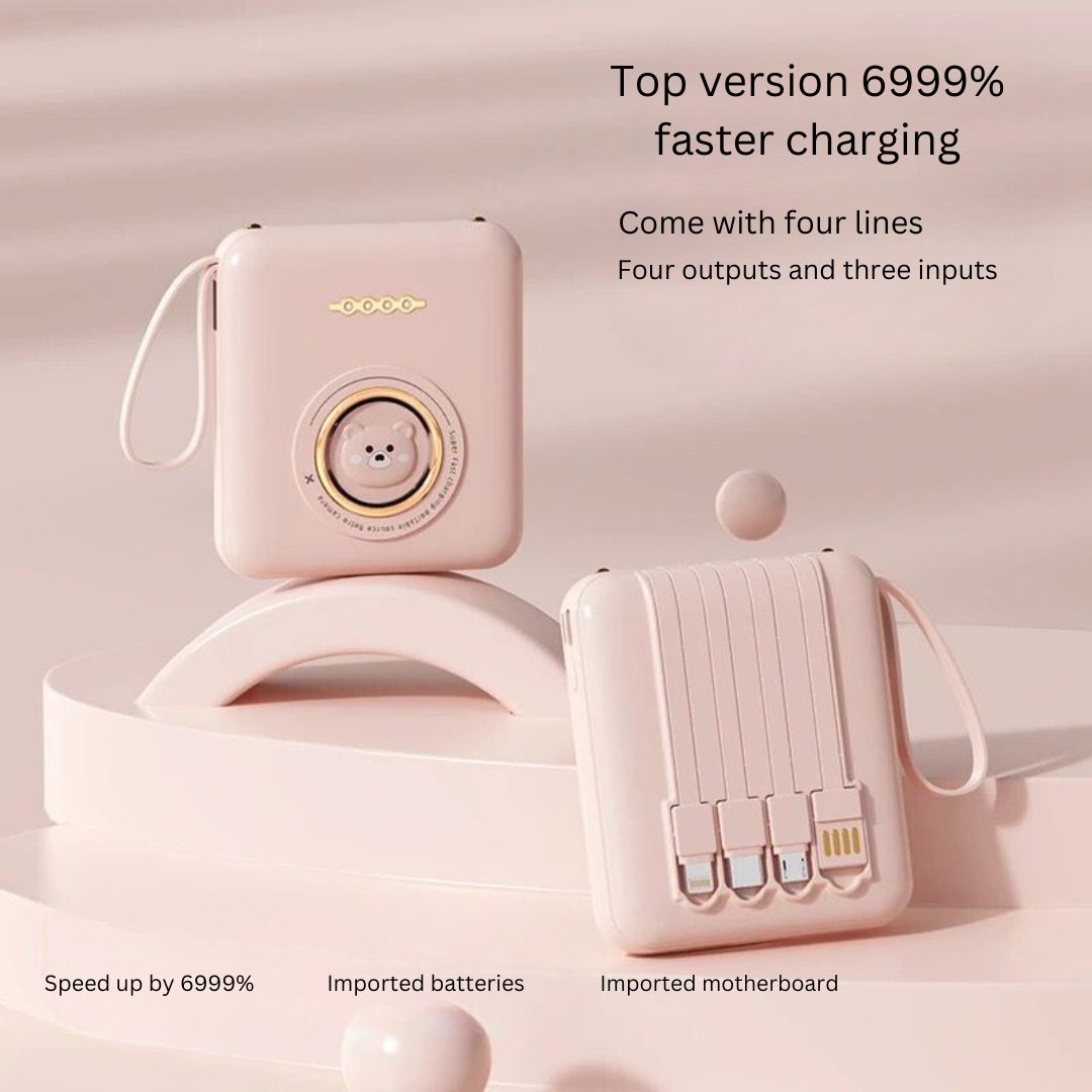 20000mAh Portable Power Bank with Built-in 4 Cables - Fast Charging for iPhone, Android