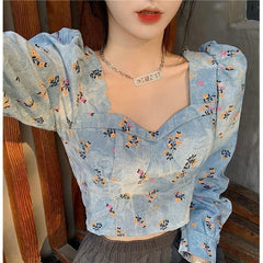 New Retro Printed Square Neck Short Shirt Top