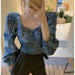 New Retro Printed Square Neck Short Shirt Top