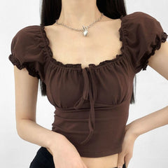 Square neck short-sleeved summer new style puff sleeve lace-up cropped top