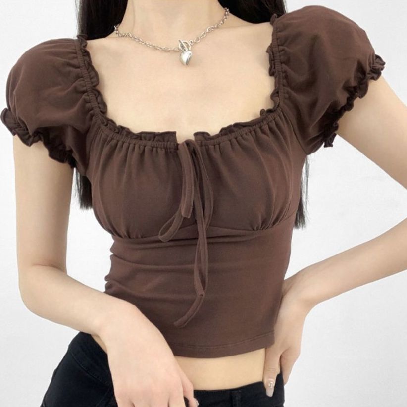 Square neck short-sleeved summer new style puff sleeve lace-up cropped top