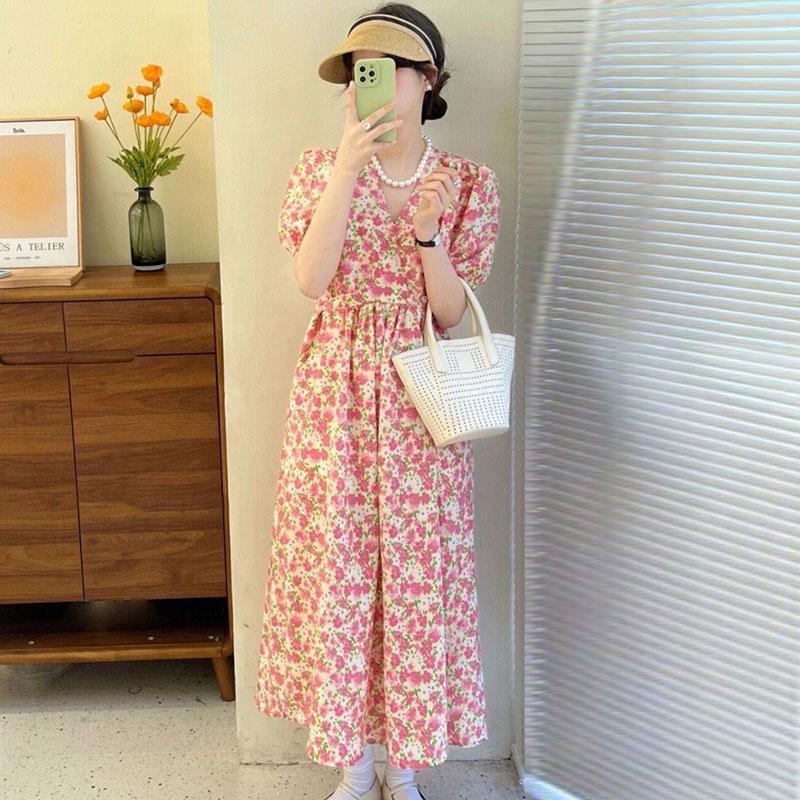 Korean chic summer French sweet V-neck lace-up waist puff sleeve floral maxi dress