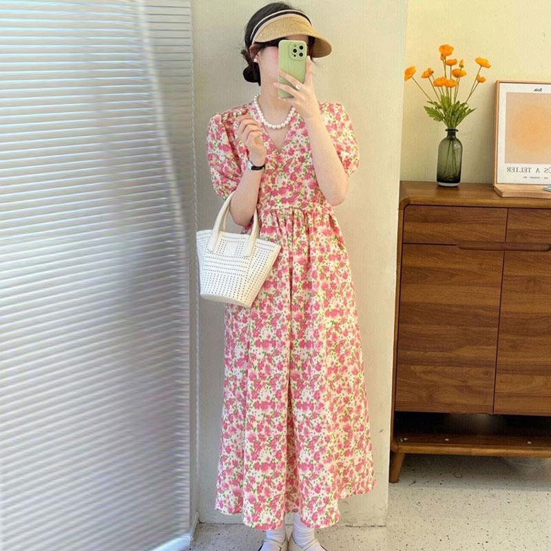 Korean chic summer French sweet V-neck lace-up waist puff sleeve floral maxi dress