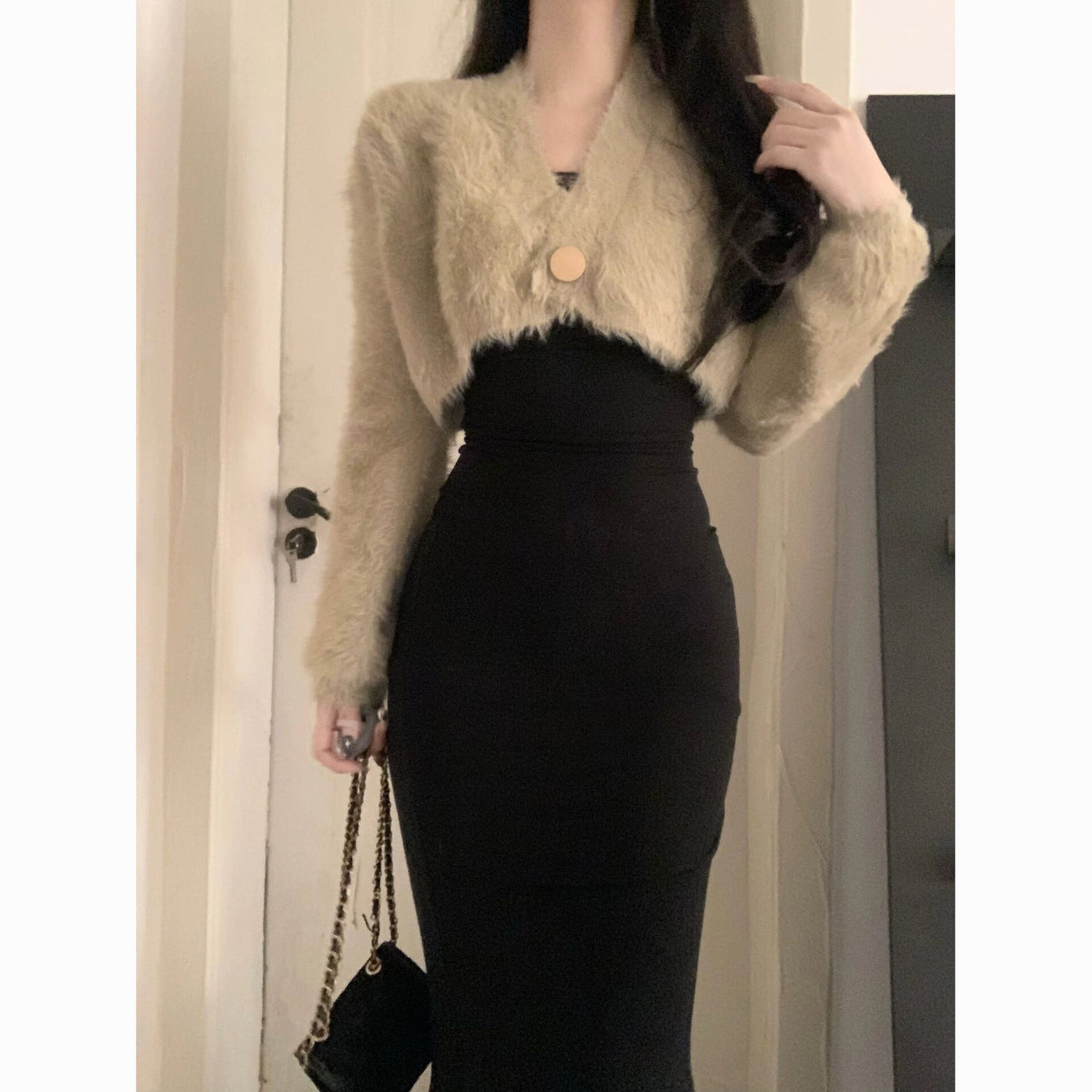 New style pure lust sweater fury knitted cardigan waist long-sleeved knitted bodycon dress in fishtail