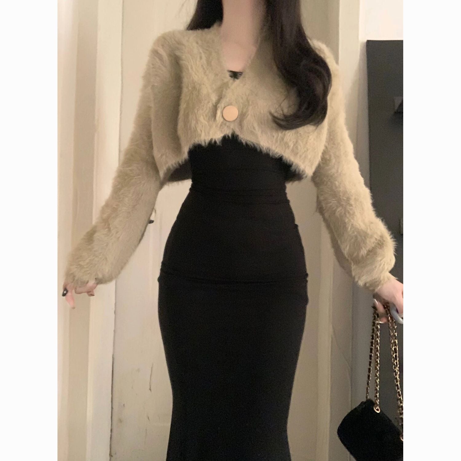 New style pure lust sweater fury knitted cardigan waist long-sleeved knitted bodycon dress in fishtail