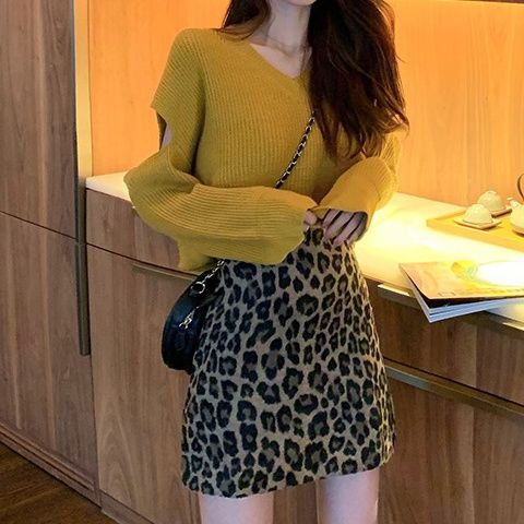 Leopard Print Skirt High Waist Slim Short Style Covered Hips A-Line mini Skirt