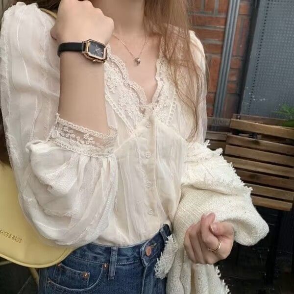 French style V-neck chiffon sweet and chic shirt, fashionable and versatile long-sleeved top