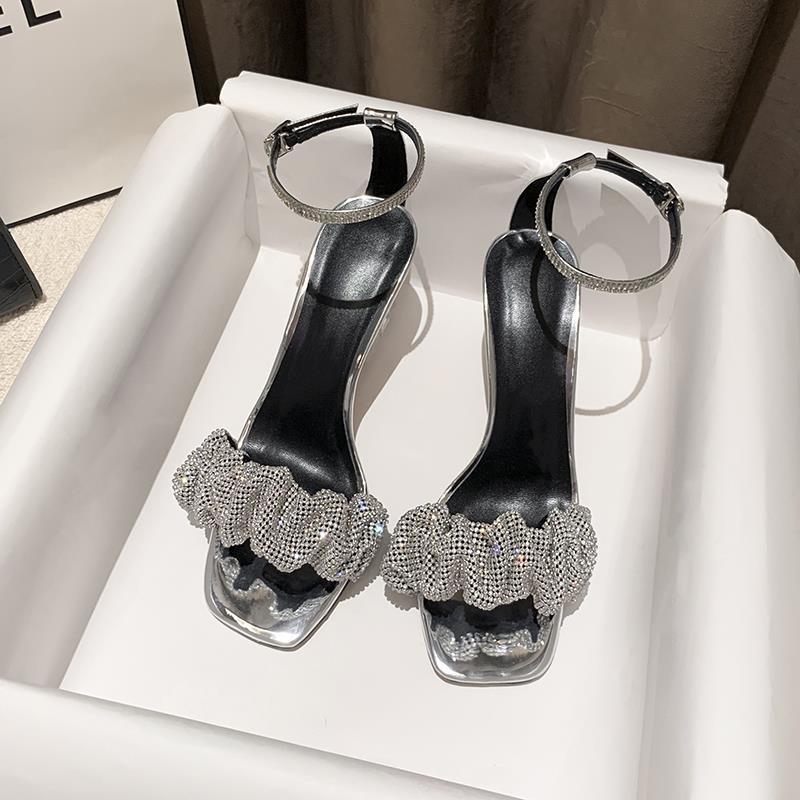 Rhinestone strap sandals summer sexy transparent summer high heels for women with thick heels