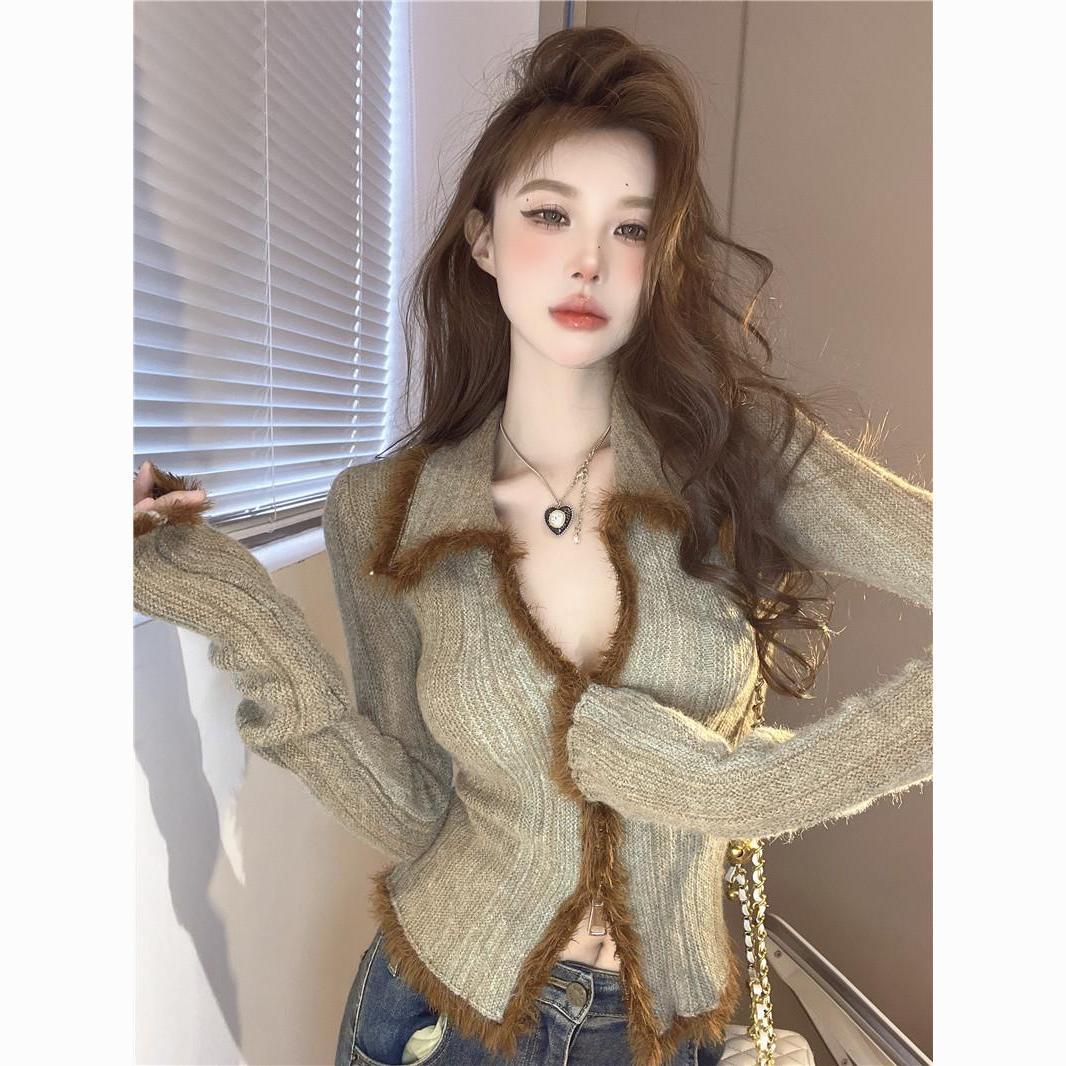 Maillard Gradient Color Furry Hot Girl Top Double Zipper Knitted Cardigan