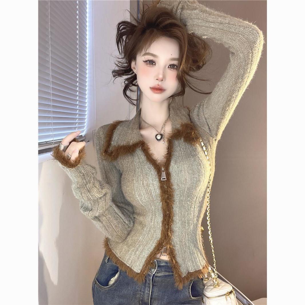 Maillard Gradient Color Furry Hot Girl Top Double Zipper Knitted Cardigan