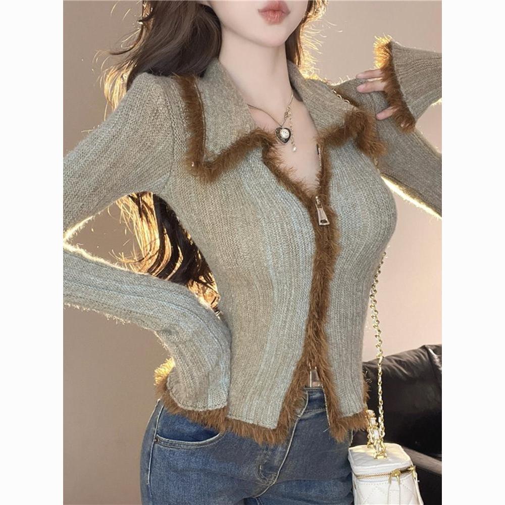 Maillard Gradient Color Furry Hot Girl Top Double Zipper Knitted Cardigan