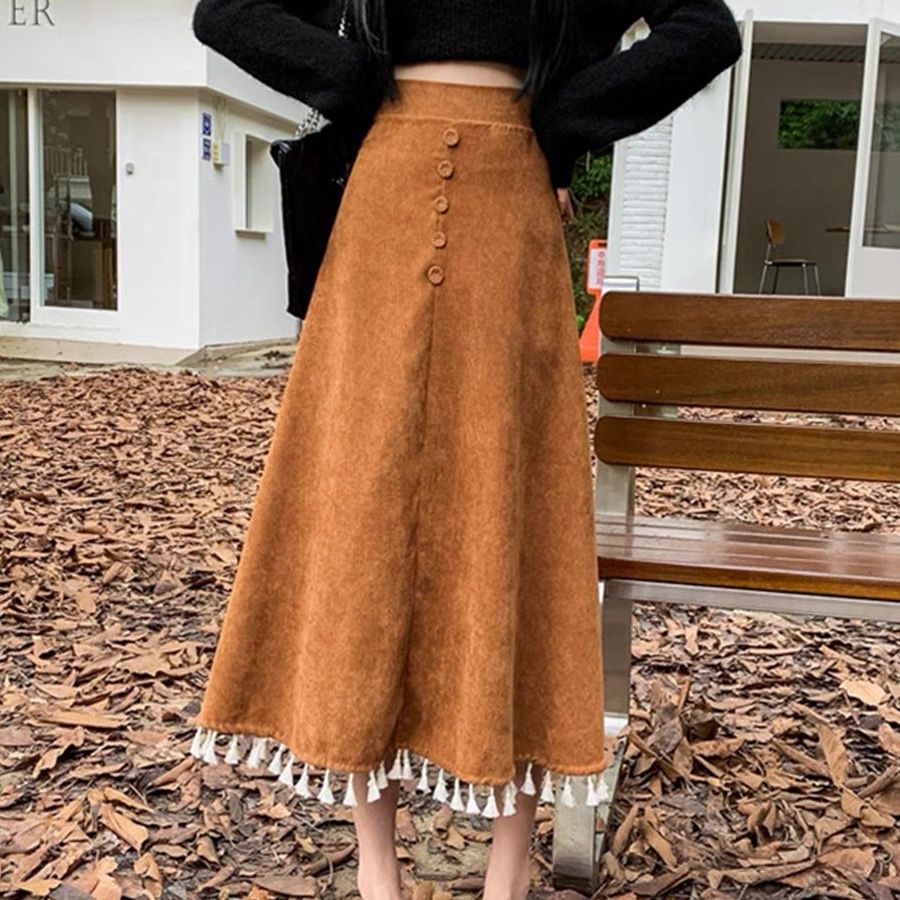 Corduroy skirt  high-waisted slim a-line skirt mid-length thickened umbrella skirt for women