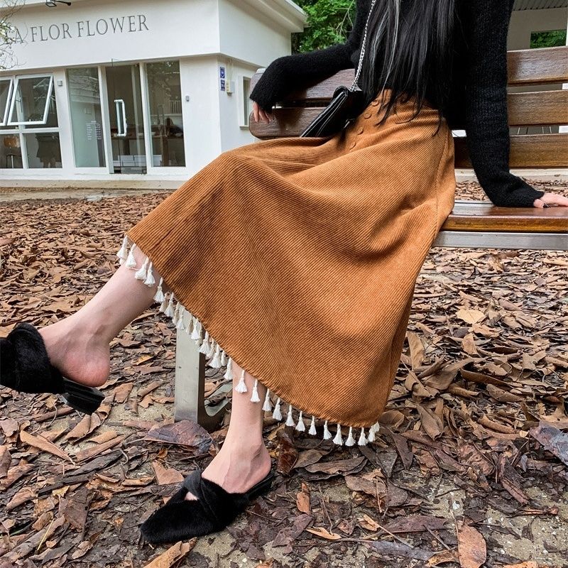 Corduroy skirt  high-waisted slim a-line skirt mid-length thickened umbrella skirt for women