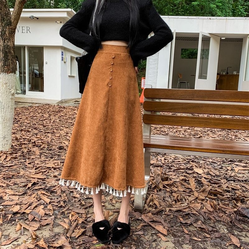 Corduroy skirt  high-waisted slim a-line skirt mid-length thickened umbrella skirt for women