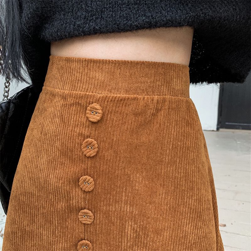 Corduroy skirt  high-waisted slim a-line skirt mid-length thickened umbrella skirt for women