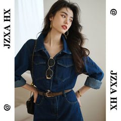 New Style Slim Waist Denim Dress Long Sleeve A-Line Short Dress