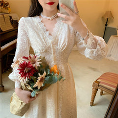 French V-neck Waist Slim fit Skirt Lace Hollow Mid-air  Long Sleeve Dress