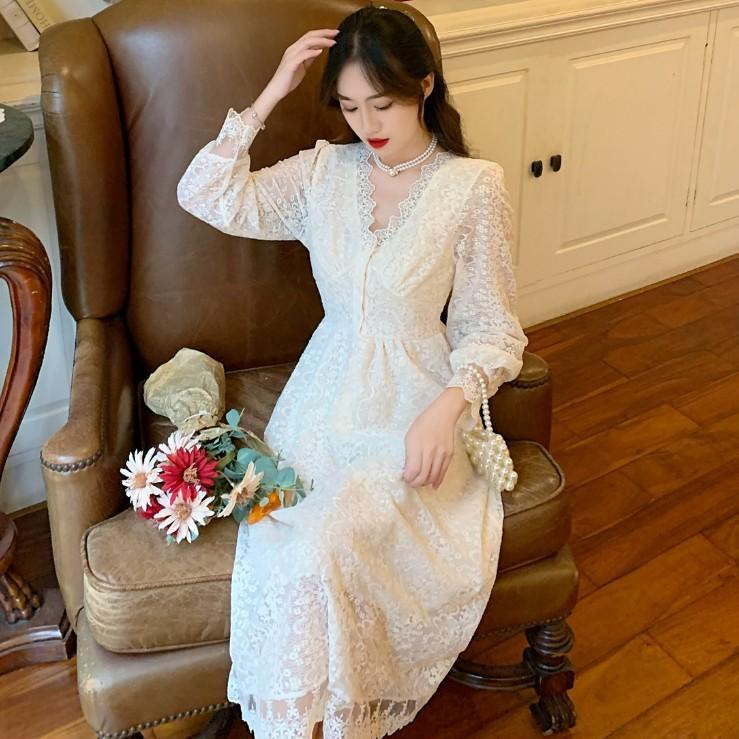 French V-neck Waist Slim fit Skirt Lace Hollow Mid-air  Long Sleeve Dress