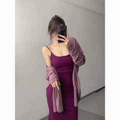 Purple suspender dress Hot little mother's long skirt, slim waist, tight and beautiful hip-hugging fishtail Dress