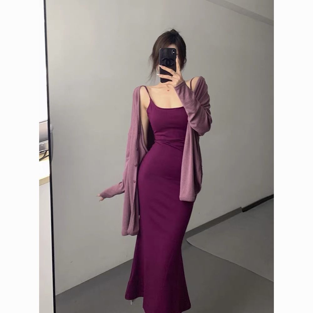 Purple suspender dress Hot little mother's long skirt, slim waist, tight and beautiful hip-hugging fishtail Dress