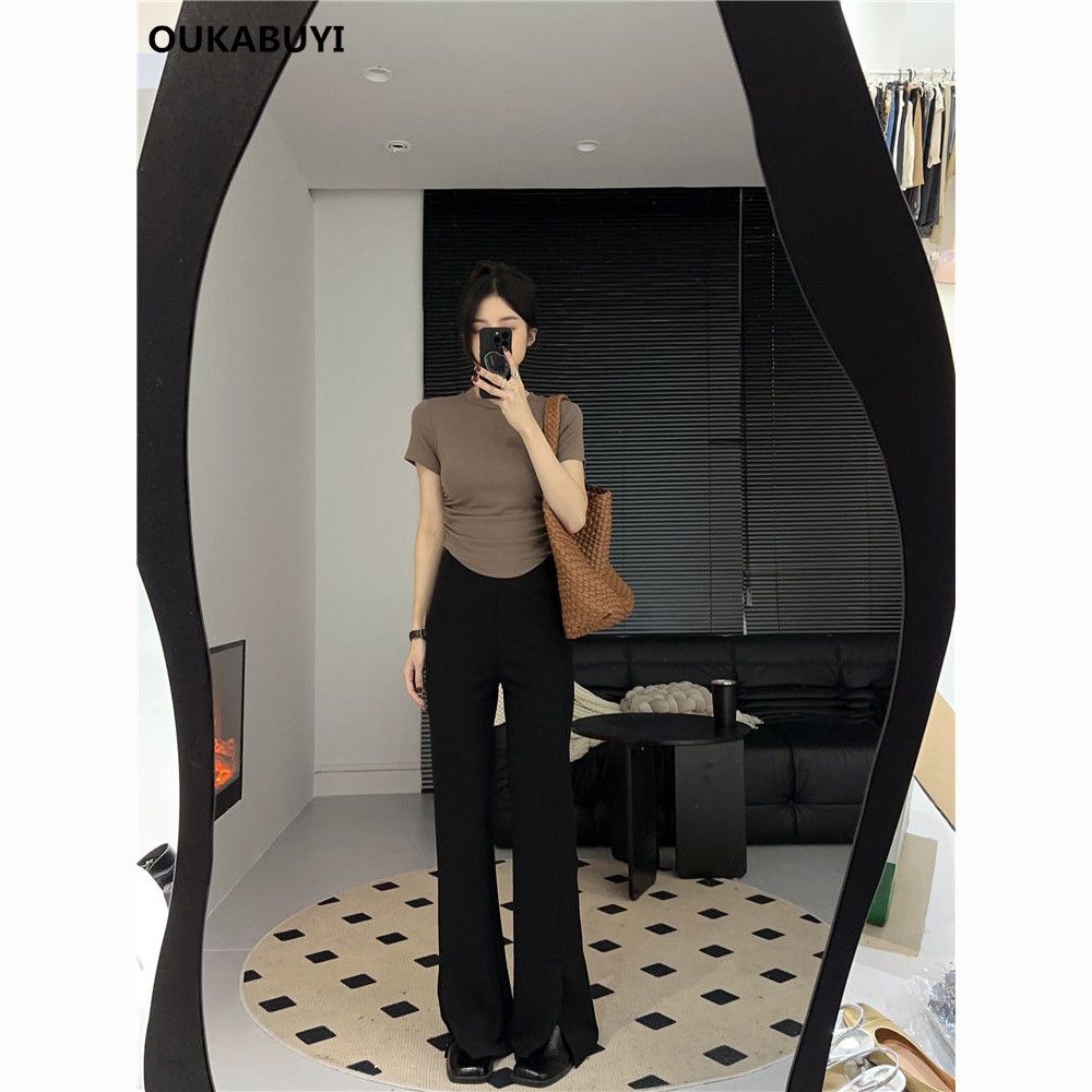 Designed Round Neck Short Pleated Waist Elastic Slim Fit Versatile Top