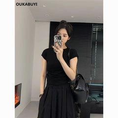 Designed Round Neck Short Pleated Waist Elastic Slim Fit Versatile Top