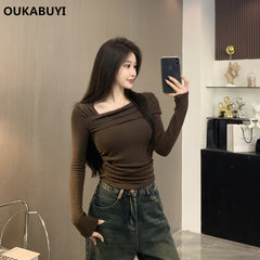 Pure hot girl long-sleeved trendy slant collar off-shoulder chic top