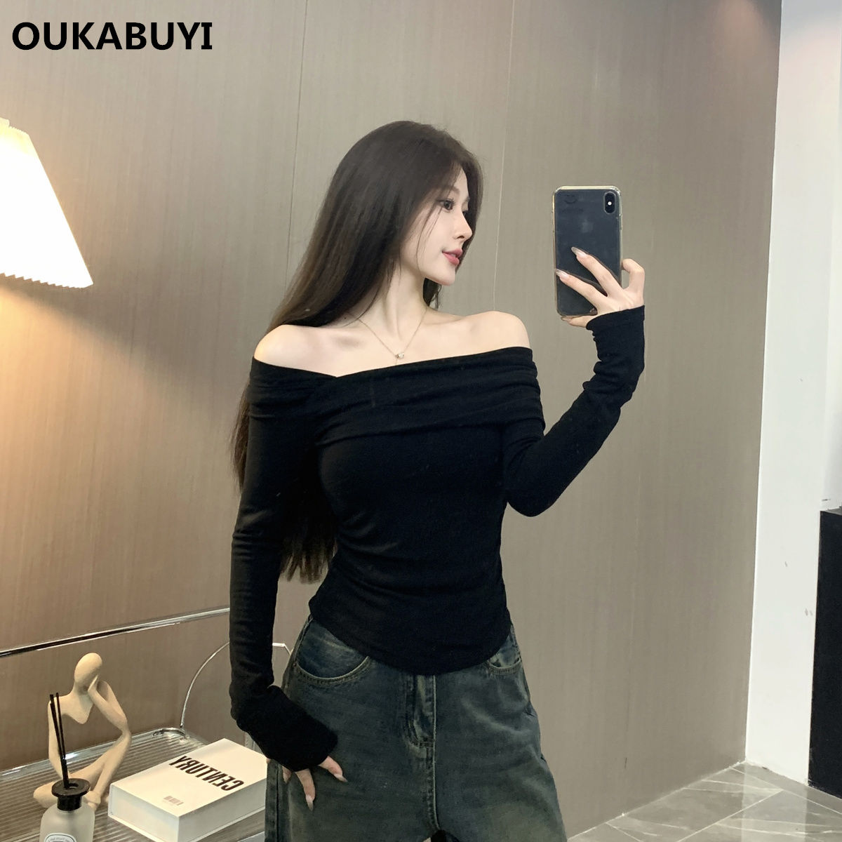 Pure hot girl long-sleeved trendy slant collar off-shoulder chic top