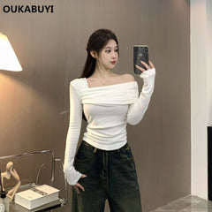 Pure hot girl long-sleeved trendy slant collar off-shoulder chic top