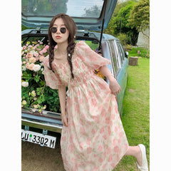 Summer new style French all-match slim mid-length super fairy gentle floral pink Dress