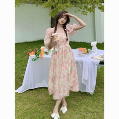 Summer new style French all-match slim mid-length super fairy gentle floral pink Dress