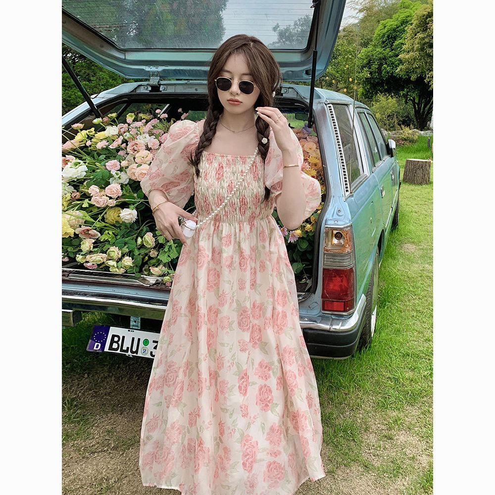 Summer new style French all-match slim mid-length super fairy gentle floral pink Dress