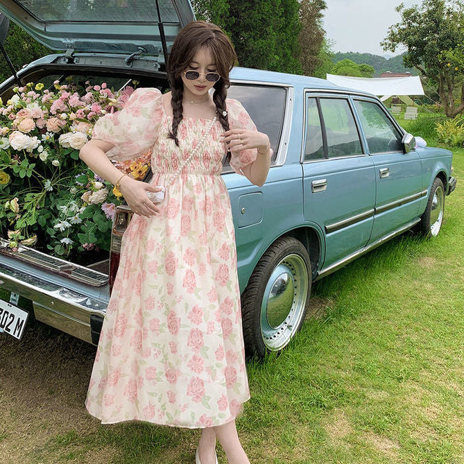 Summer new style French all-match slim mid-length super fairy gentle floral pink Dress