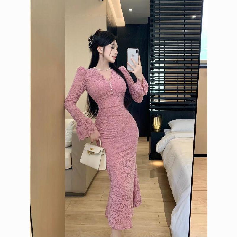 Mature royal style versatile slim bottoming lace fishtail hip dress