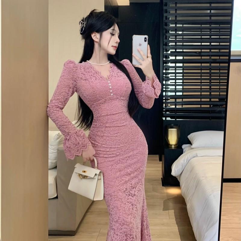 Mature royal style versatile slim bottoming lace fishtail hip dress