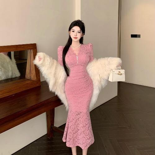 Mature royal style versatile slim bottoming lace fishtail hip dress