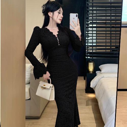 Mature royal style versatile slim bottoming lace fishtail hip dress