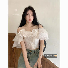 French white ruffled off-shoulder shirt for women summer waist slimming short off-shoulder top ins trend