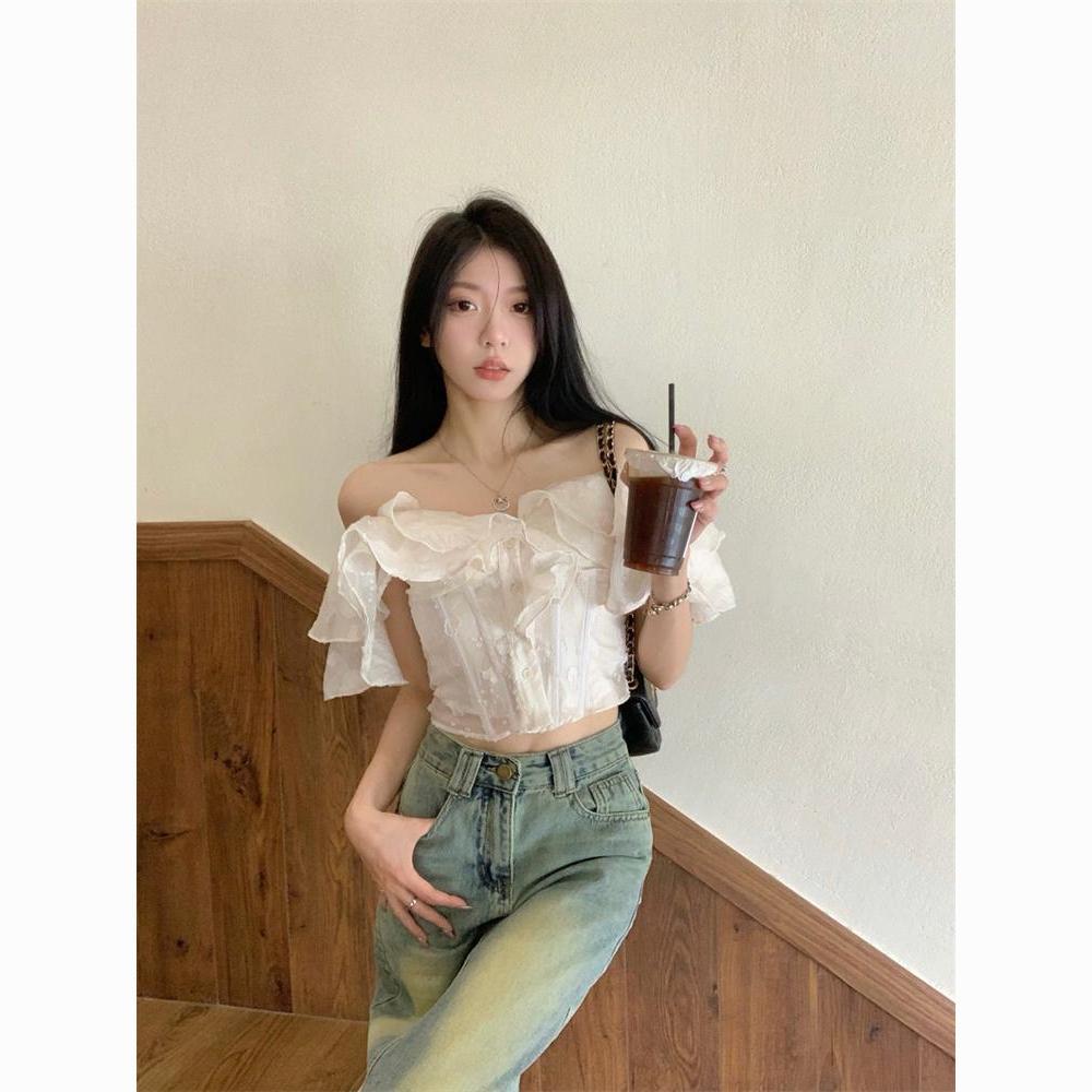 French white ruffled off-shoulder shirt for women summer waist slimming short off-shoulder top ins trend