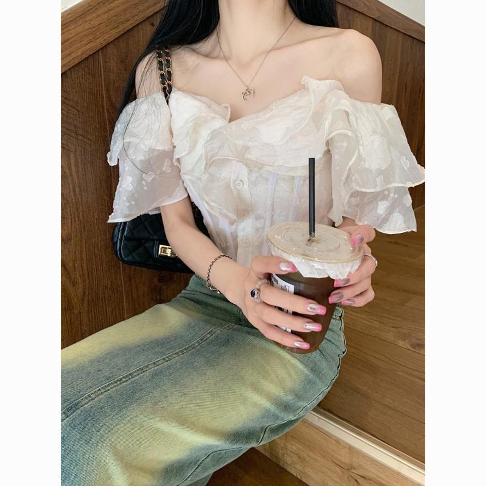 French white ruffled off-shoulder shirt for women summer waist slimming short off-shoulder top ins trend