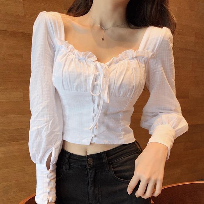 Spring square collar exposed collarbone puff sleeve cropped lace-up solid color top