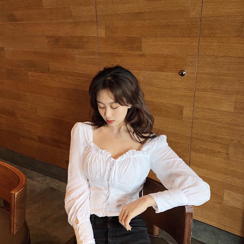 Spring square collar exposed collarbone puff sleeve cropped lace-up solid color top