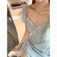 French first love high-end floral dress square neck, puff sleeves, slit long tea break dress