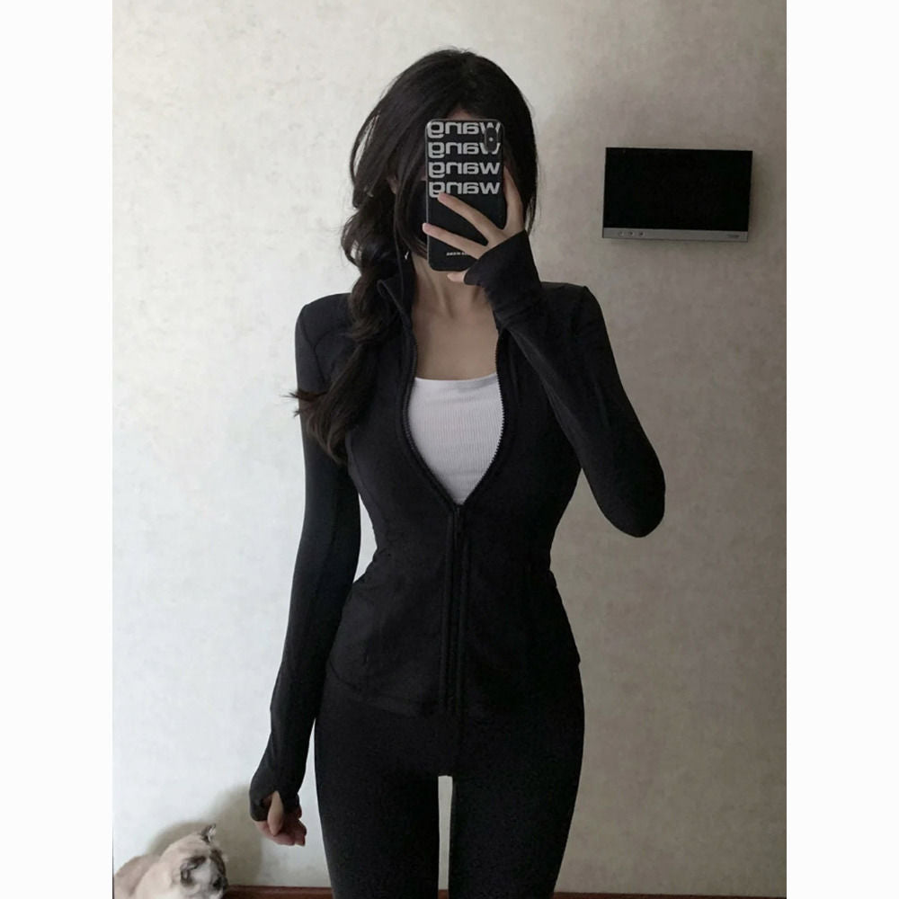 Fitness clothing women's jacket tight slim fit long-sleeved yoga suits breathable sports suit Starry black jacket + black bell-bottom pants