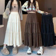 Lace corduroy cake skirt women's new skirt velvet pleated long skirt