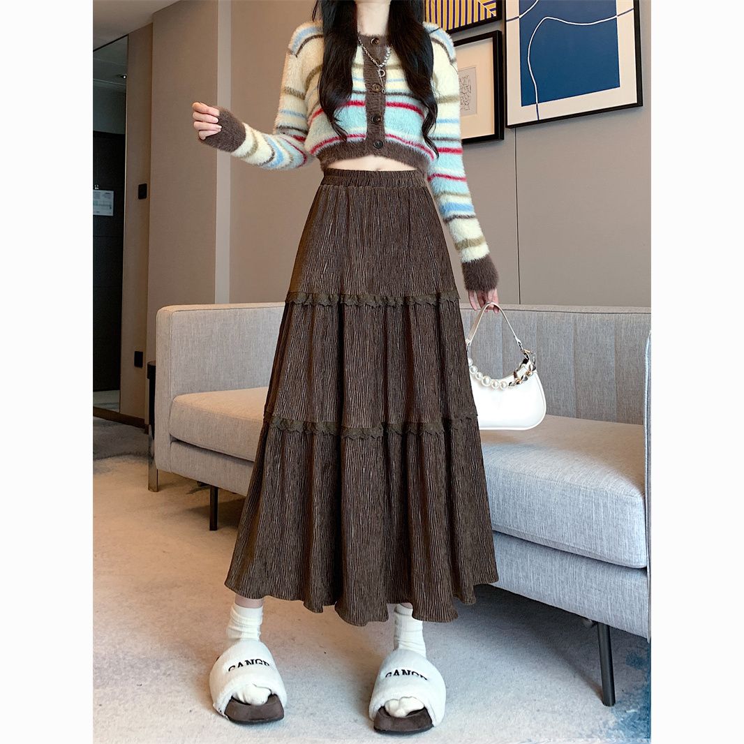 Lace corduroy cake skirt women's new skirt velvet pleated long skirt