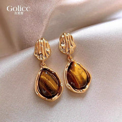 Retro Maillard style unique tiger eye stone earrings for women light luxury versatile high-end earrings