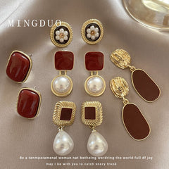 Retro Red Baroque Pearl Simple and High-end  Earrings for Women