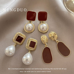 Retro Red Baroque Pearl Simple and High-end  Earrings for Women